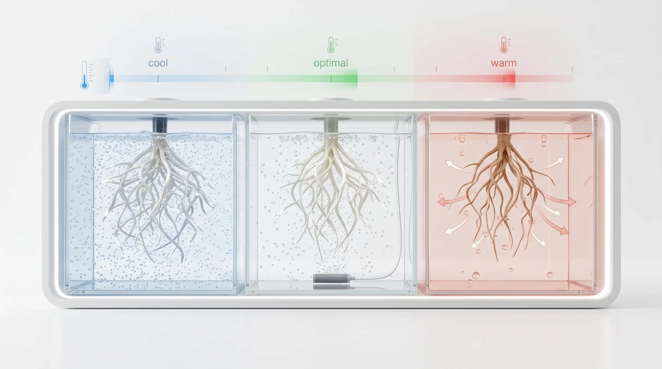 Scientific visualization showing how warmer hydroponic water holds less dissolved oxygen around plant roots