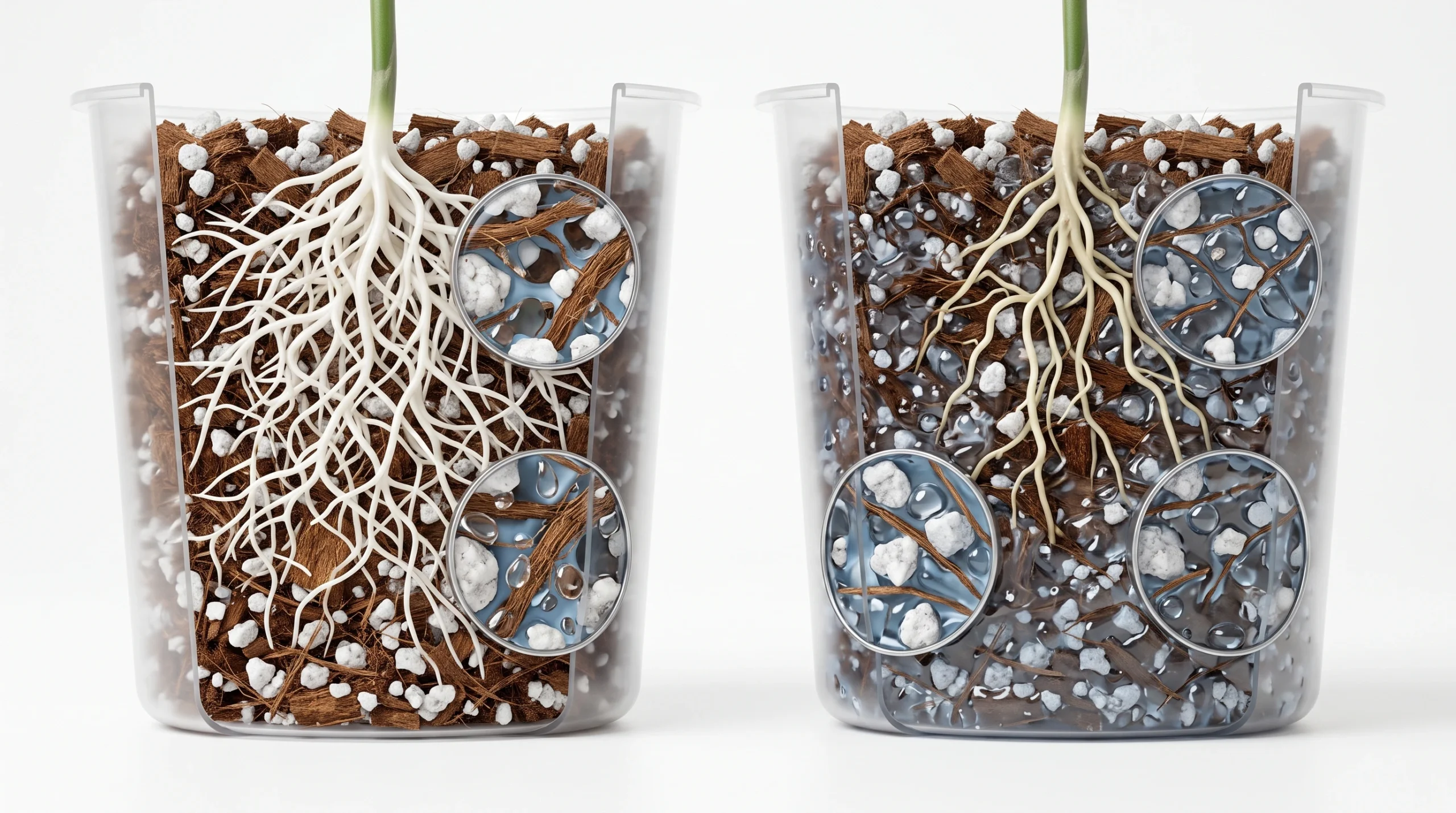 Cutaway comparison of healthy aerated hydroponic substrate and oversaturated oxygen-depleted root zone