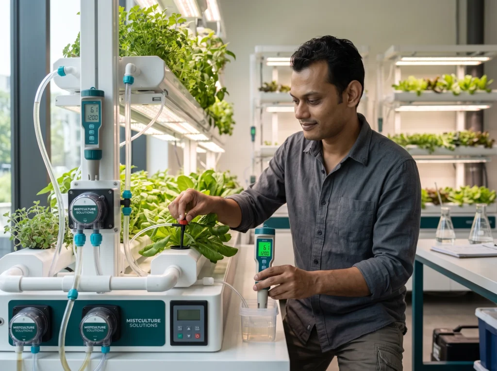 Shoyeb, founder of MistCulture, working with hydroponic equipment in a clean grow space